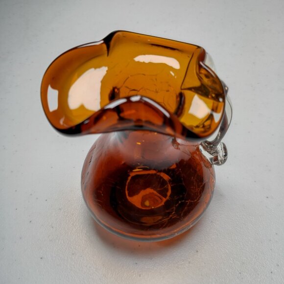 Crackle Glass Pitcher Brown Small Clear Handle Vase Collectible Art 3.75" Tall - Picture 9 of 15